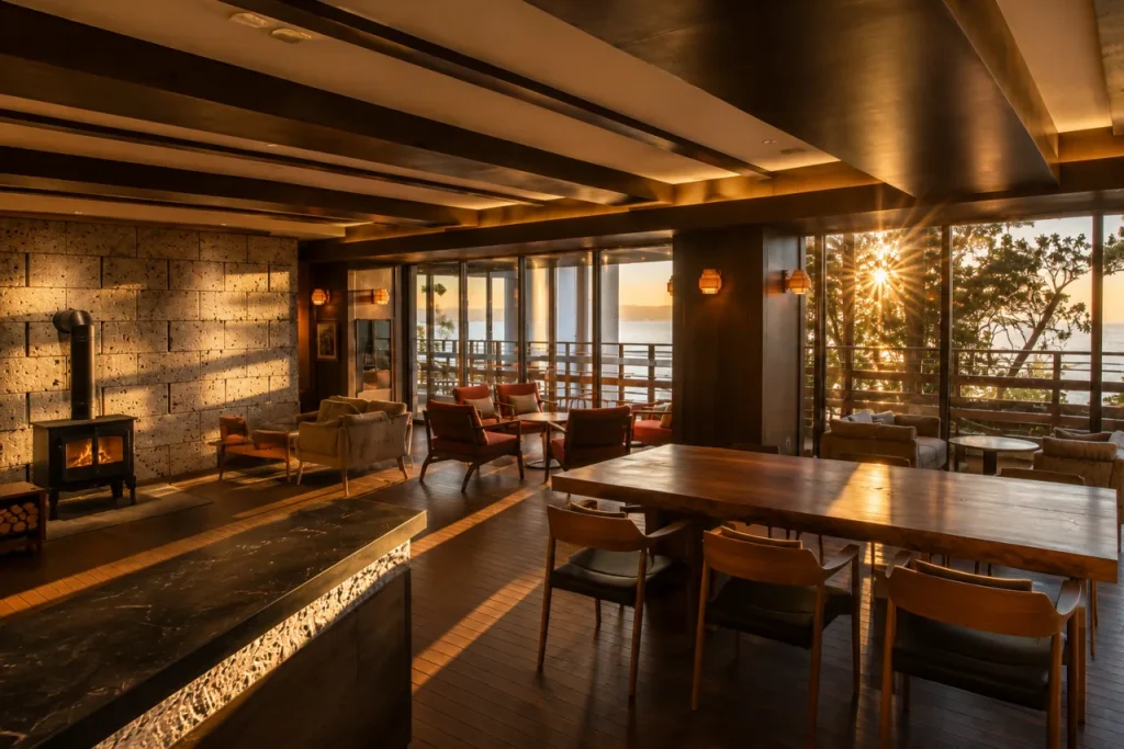 夕日が差し込むAMANE RESORT GAHAMAのラウンジをイメージした画像