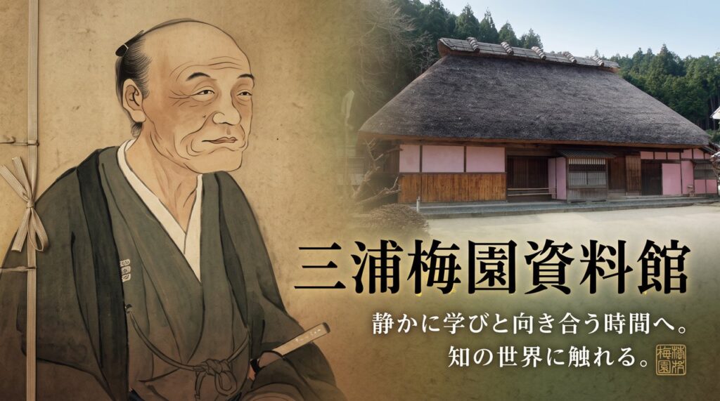 三浦梅園と茅葺き屋根の三浦梅園資料館