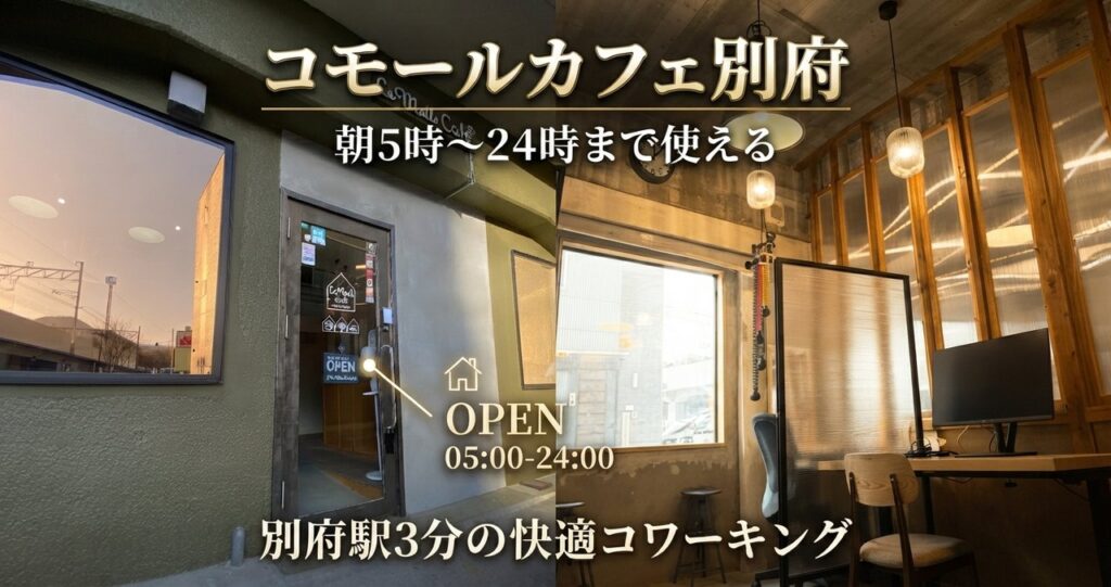 コモールカフェ別府の外観とコワーキングスペース
