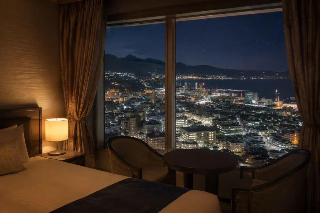 高層階から大分市の夜景を望むホテル日航大分 オアシスタワーの客室をイメージした画像