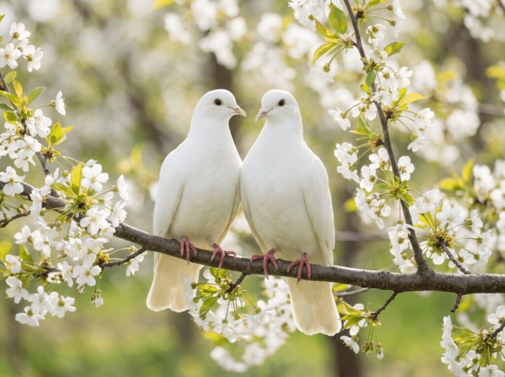 桜の木の枝にとまる、平和を象徴する2羽の白い鳩