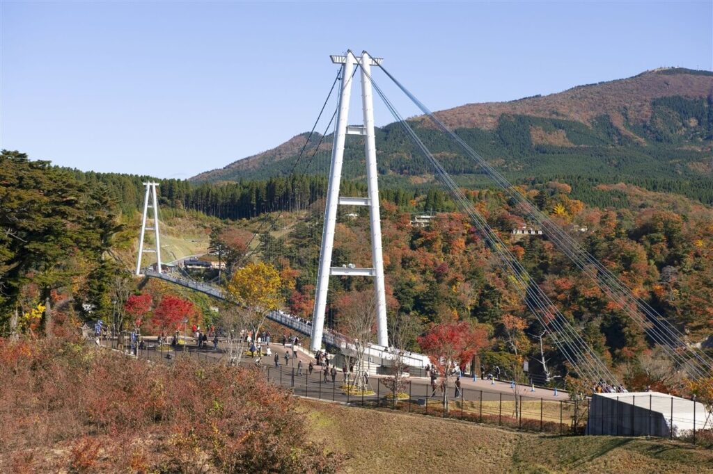 紅葉で鮮やかに染まる山々と九重“夢”大吊橋の絶景写真