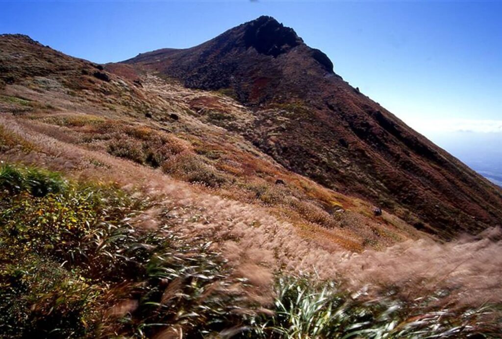 秋の観光シーズンに美しく色づく、鮮やかな紅葉に染まる山々と澄み切った青空が美しい久住高原
