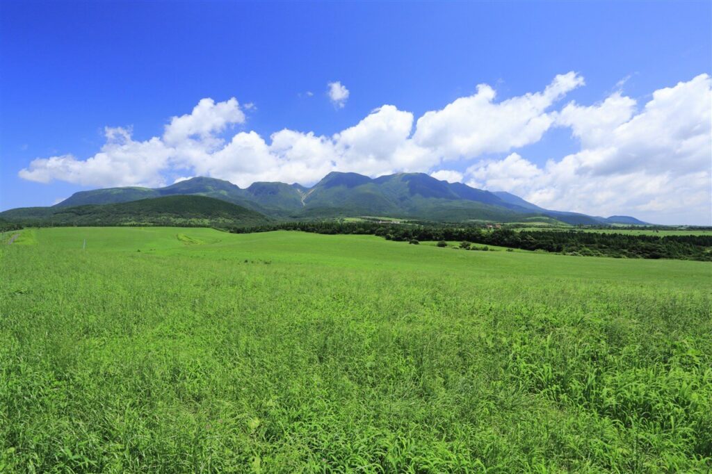 初夏の爽快な絶景ドライブにぴったりな、どこまでも青空と草原が広がる雄大な久住高原の大パノラマ
