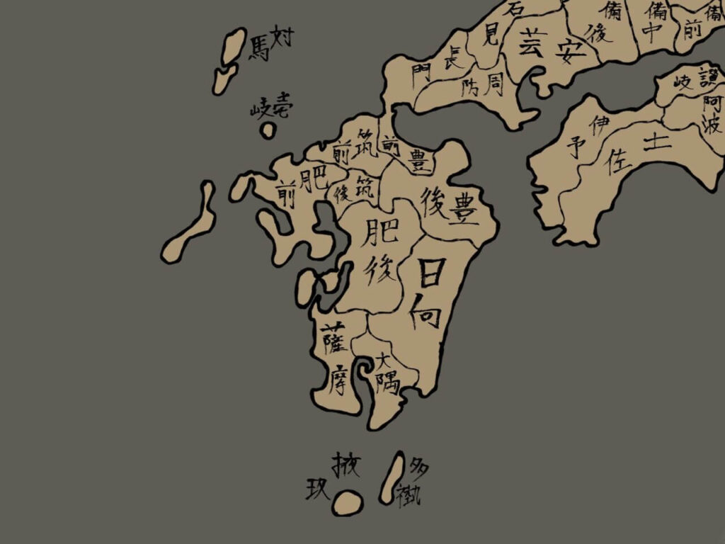 九州の旧国名が書かれた手書き風の古地図イメージ（戦国時代の勢力解説用画像）