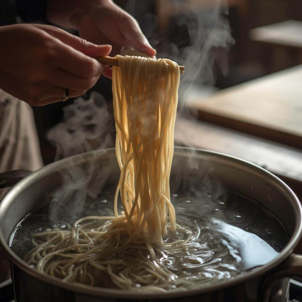 店主が豊後高田産そば粉で打った手打ちそばを鍋で丁寧に茹でる手元の様子