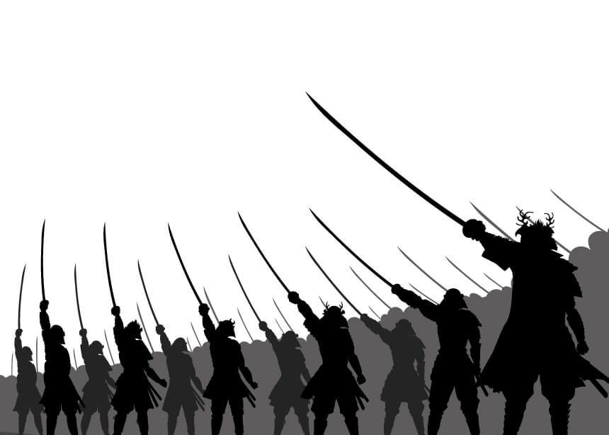 刀を掲げる武士たちのシルエット（決死の戦いに挑む兵の姿）