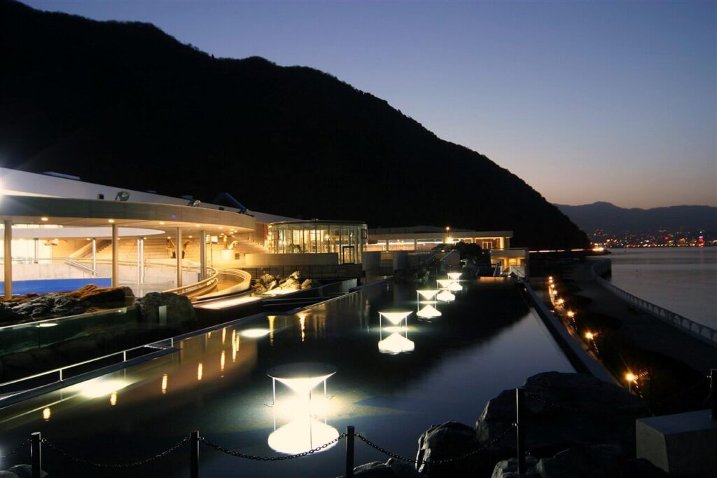 夜のうみたまご。ライトアップされた水槽と別府湾の夜景が美しいデートスポット
