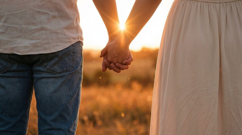 宇佐神宮の縁結びスポット「夫婦石」で手をつなぎ参拝する夫婦の後ろ姿