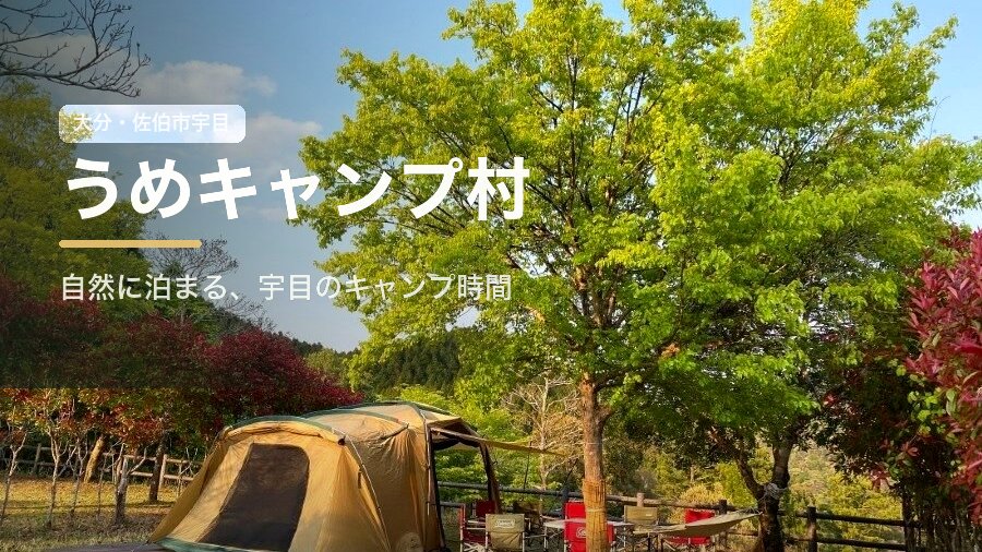 うめキャンプ村のテントサイト、ケビン、夜のキャンプ風景